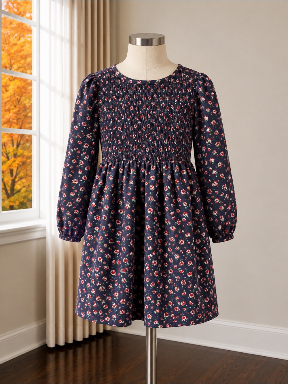 GAP Navy Floral Long-Sleeve Smocked Girls' Dress